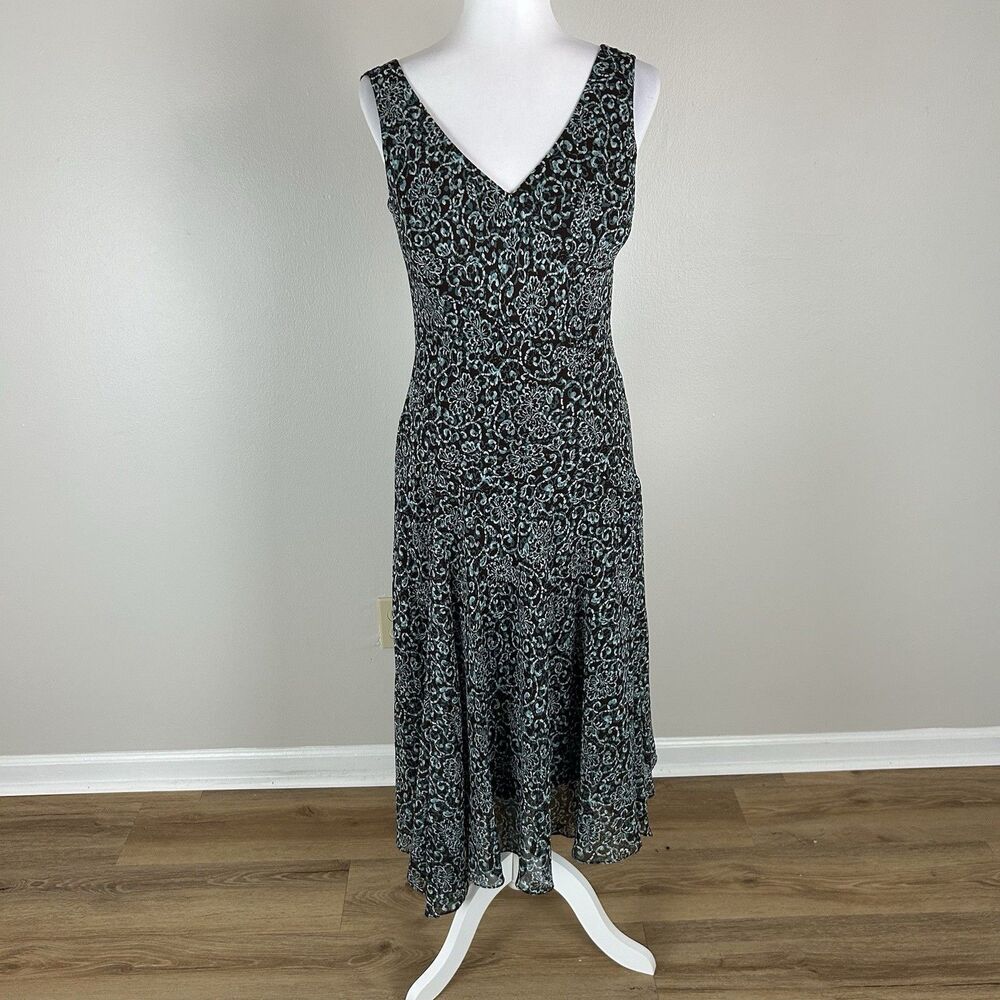 Jones Wear Blue Mosaic Flowy Shift Dress Size 6 Midi Asymmetrical 90s Fairy Vtg